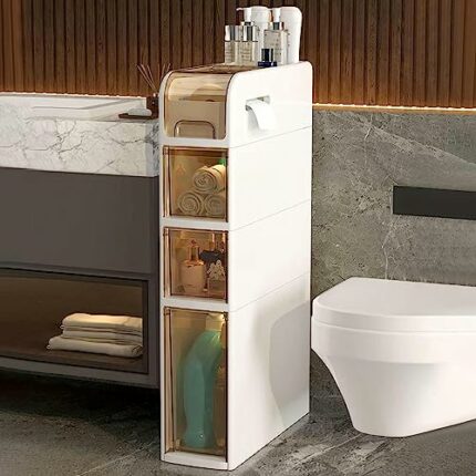 YAZGAN 4 Tier Small Bathroom Storage Cabinet, (W) 6.3in Large Capacity Tall Thin Cabinet with Toilet Paper Storage for Kitchen, Bedroom Narrow Sp