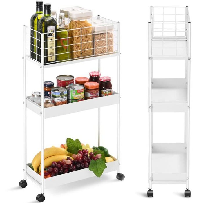 APEXCHASER Slim Storage Cart,3-Tier Metal Utility Rolling Cart with Wheels,Slide Out Storage Cart,Small Rolling Trolley Kitchen Cart,White Cart f