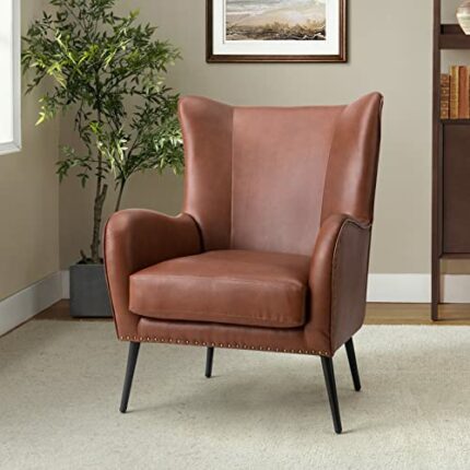HULALA HOME Faux Leather Accent Chair Removable Cushion, Comfy Upholstered Armchair with Black Metal Legs & Nailhead Trim Wingback Vanity Desk Ch