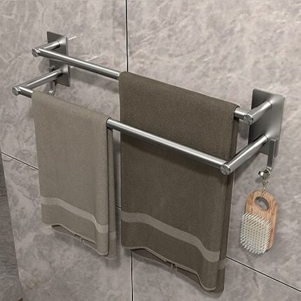 GVKAR Self Adhesive Towel Rail SUS 304 Stainless Steel Bath Towel Holder with 2 Hooks for Kitchen Bathroom 17.5 inch 2-Tier Towel Rack Wall Mount