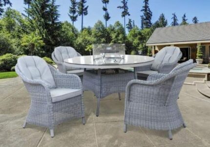 Homeflair Polyethylene Rattan Weave Casual Round Dining Firepit Table Chair Set for Garden 4 Seater UV Treated
