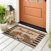 Whaline Happy Easter Doormat Rustic Bunny Carrot Farmhouse Floor Mat Black Stripes Rubber Anti-Slip Front Entrance Door Rug for Easter Holiday Sp