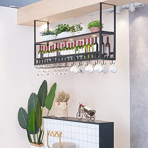 Ceiling Mounted Wine Rack with Glass Holder, Industrial Metal Wine Shelf Champagne Glass Goblets Bottle Holder Hanging Floating Wine Shelf for Ki