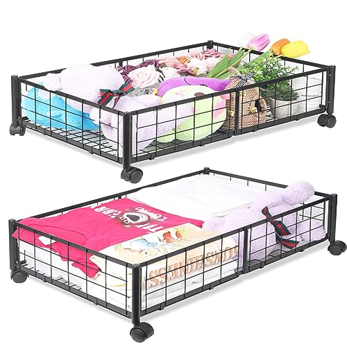 Kmise Underbed Storage With Wheels,2 Pcs Metal Under Bed Storage Containers For Bedroom Clothes Blankets Toy Book Bedding Shoes Storage Organizer