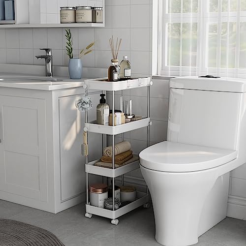 Meerveil Storage Trolley, 4-Tier Storage Rack with Wheels, Multifunctional Suitable for Office Kitchen Bathroom, W22 x D40 x H85cm, White