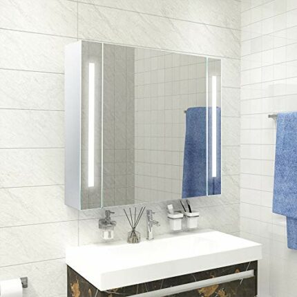 KAASUN Wall Mounted LED Bathroom Mirror Cabinet Sensor Switch and Shaver Socket Multifunctional Intelligence Storage Cabinet 650x600x125mm White