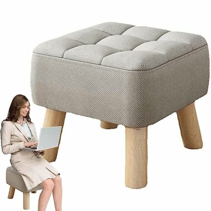 vepoty Fabric Padded Low Stool Household Small Stool Living Room Shoe Changing Stool Foot Stool with Non-skid Wooden Legs