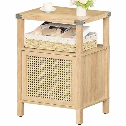Lerliuo Rattan Nightstand, Boho Side End Table with Handmade Natural Rattan Decorated Door and Open Shelf, Wood Accent Night Stand with Storage,