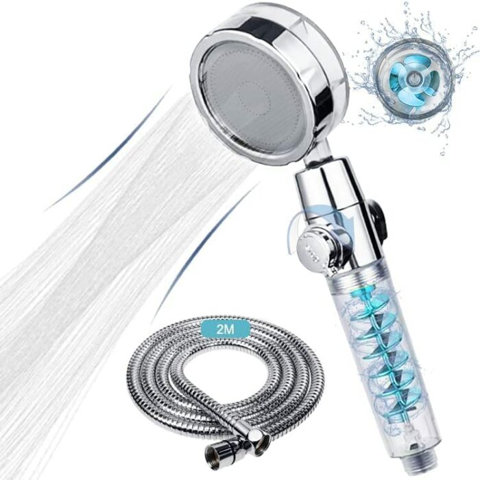 Shower Head and Hose 2M, Universal Shower Heads to Increase High Pressure, Handheld Shower Head with Twin Turbo Fan/Pause Switch/360° Rotating, W