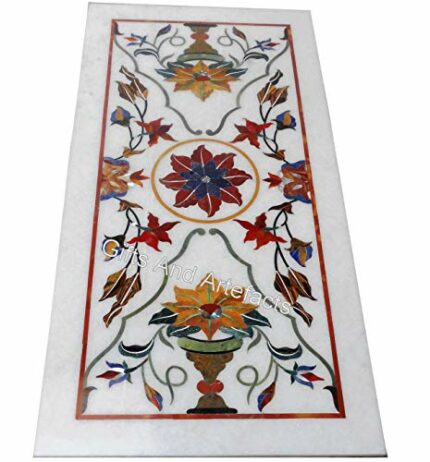 Gifts And Artefacts 30 x 60 Inches Elegant Look Restaurant Table Top with Pietra Dura Art Rectangle Shape White Marble Dining Table for Home Furn