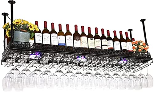 EMISOO Hanging Wine Rack, Retro Ceiling Decoration Rack, Upside-down Hanger Suitable for Living Room, Dining Room, Bar, with Colorful Lights (Col