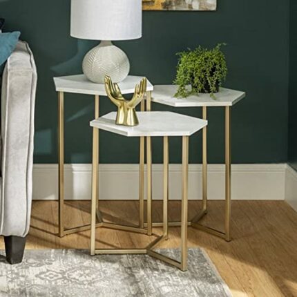 evka.com White Coffee Table, Bedside Tables Set of 3, Nest of Tables Living room, Sofa Side Table, Marble Pattern Wood table, Marble Coffee Table