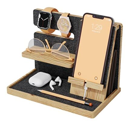 PAGONGO Wood Phone Docking Station, Bedside Organiser, Bedside Table Organiser Men, Presents for Boyfriend, Bedside Charging Station, Nightstand