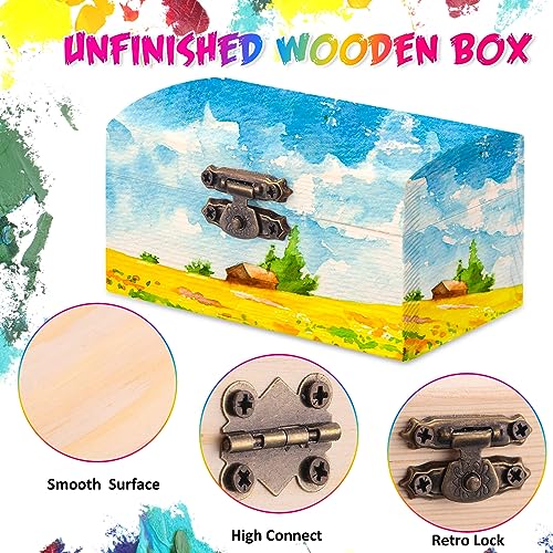Chumia 48 Pcs Unfinished Wooden Box with 40 Paintbrushes Wood Treasure Chest Small Wooden Box DIY Wooden Boxes for Crafts Unpainted Chest Box for