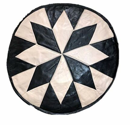 Handmade Real Genuine Leather Pouffe Pouf Footstool Ottoman, Beige and Black Coloured Pattern