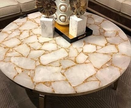 Gifts And Artefacts 36 x 36 Inches White Quartz Stone with Golden Foil Resin Art Dining Table Top Round Shape Marble Kitchen Table for Home Furni