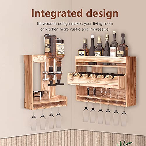 ybaymy Wine Rack Wall Mounted with 2-Bottle Liquor Dispenser Wall Mounted Wood Wine Shelf with Bottle Stemware Glass Holder, Rustic Wine Display