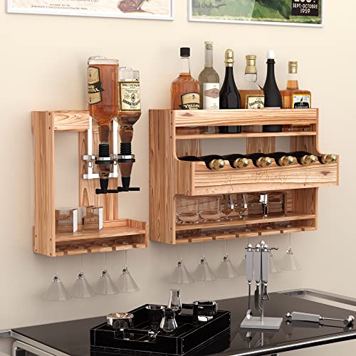 ybaymy Wine Rack Wall Mounted with 2-Bottle Liquor Dispenser Wall Mounted Wood Wine Shelf with Bottle Stemware Glass Holder, Rustic Wine Display