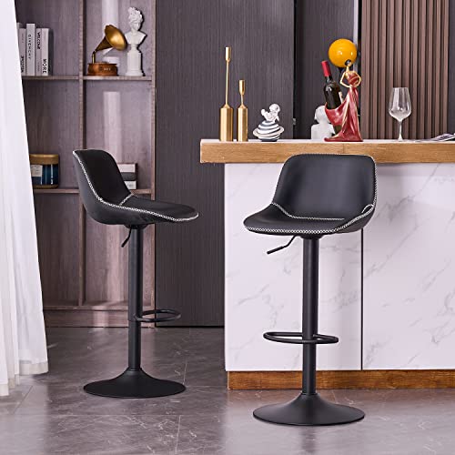 YOUNIKE Bar stools Set of 2, PU Leather Counter Height Bar Stool, Adjustable Hydraulic Swivel Island Bar Stool with Back, Home and Kitchen- Black