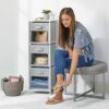 mDesign Pouffe Footstool — Small Round Stool with Padded Fabric Cushion — Ideal Footrest for Reading and Watching TV — Light Grey/Silver