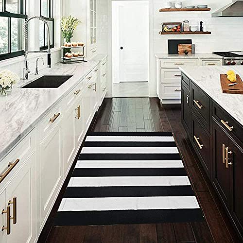 CAINANEL Black and White Striped Outdoor Rug 27.5X 43 inches Front Door Mat Hand-Woven Cotton Indoor/Outdoor for Layered Door Mats,Welcome Door M