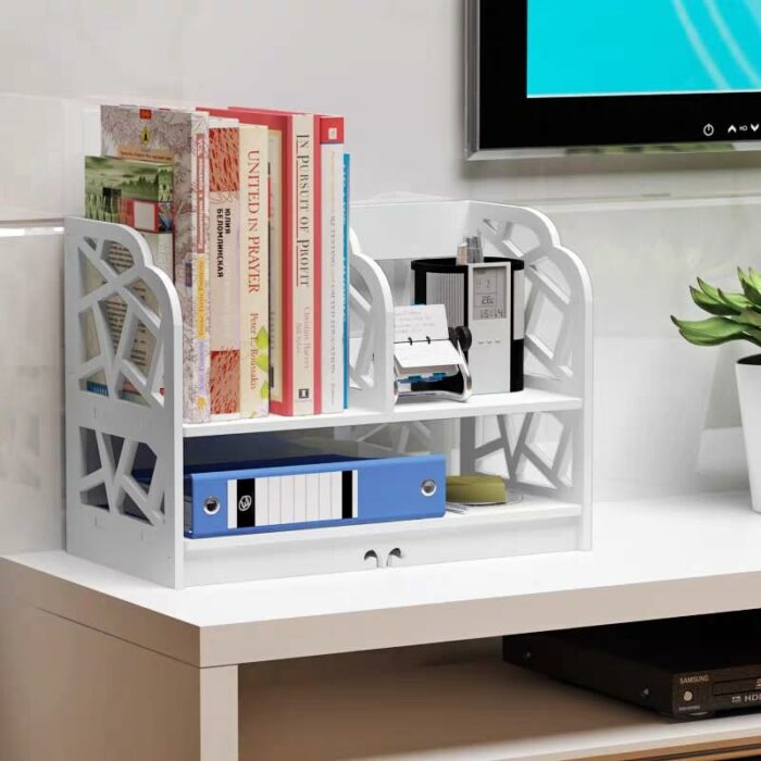lyrlody 2 Tiers DIY Bookcase, Children's Bookcase for Toys and Books Desk Organiser Stationery Storage Rack for Home Bedroom Bathroom, 30 x 21 x