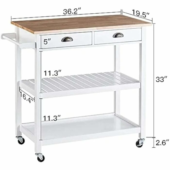 JJZXD Rolling Kitchen Cart, Portable Kitchen Island Wood Top Kitchen Trolley With Drawers And Two-Tier Open Shelf