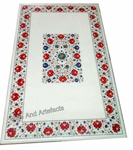 Gifts And Artefacts 36 x 72 Inches White Marble Rectangle Shape Dining Table Top Floral Pattern Inlay Work Kitchen Table for Home Decor