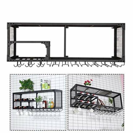 KEppd Wall Mounted Wine Bottle Hanging Glass Holder,Metal Grid High Capacity Wine Cabinet, Wall Wine Stemware Goblet Racks, Bar Counter Wine Stor