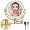 RECKODOR Led Vanity Mirror Wall Mounted Gold 8" Brass Rechargeable Lighted, 1X/5X Magnifying Double Sided Make up Mirror with Light, 360 Swivel E