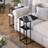 Yusong C Shaped End Table, Small Side Tables Slide Under Sofa Couch Bed, Small TV Tray Bedside Table for Small Spaces, Living Room, Bedroom, Blac