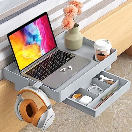 SPACELEAD Bedside Shelf for Bed – College Dorm Room Clip On Nightstand with Cup Holder & Cord Holder&Drawer - – Bunk Bed Shelf for Organizer Top