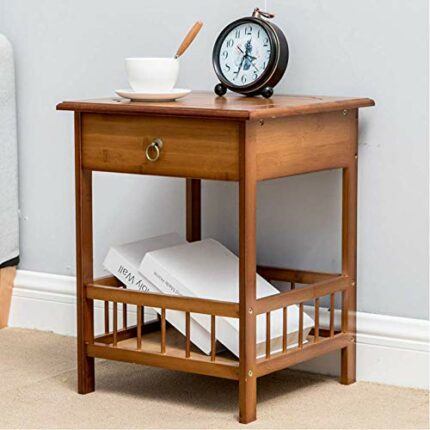 FATIVO Retro Bedside Table 2-Tier Square Nightstand with Easy Pulling Drawer Sturdy Bamboo End Table Beautiful & Rustic Coffee Side Table with Fe