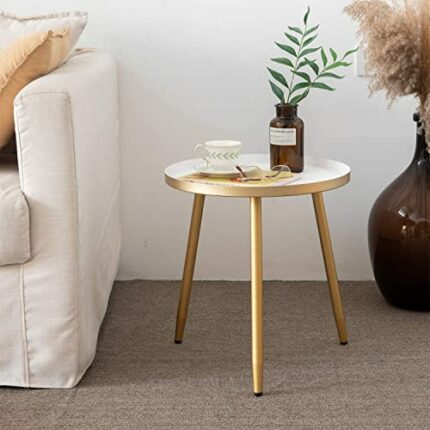 AOJEZOR Round Side Table, Metal End Table, Nightstand/Small Tables for Living Room, Accent Tables Cheap, Side Table for Small Spaces (White & Gol
