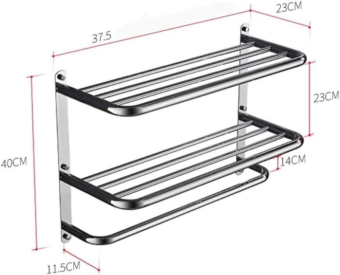 Stainless Steel Towel Racks with Shelf, Adjustable Bathroom Shelf with Towel Bar Rod and Hooks for Wall Mount, Multifunction Double Towel Holder