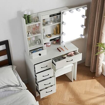Guanglai Vanity Desk,Makeup Vanity Table with Lighted Mirror,3 Lighting Modes Adjustable Brightness,Vanity Desk with Drawers and Stool,Vanity Bed