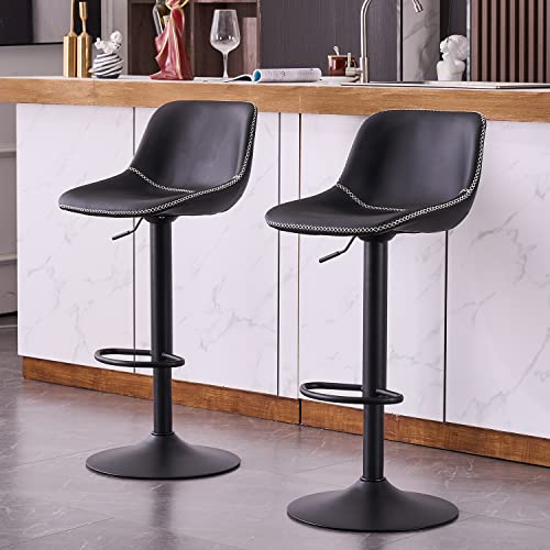 YOUNIKE Bar stools Set of 2, PU Leather Counter Height Bar Stool, Adjustable Hydraulic Swivel Island Bar Stool with Back, Home and Kitchen- Black