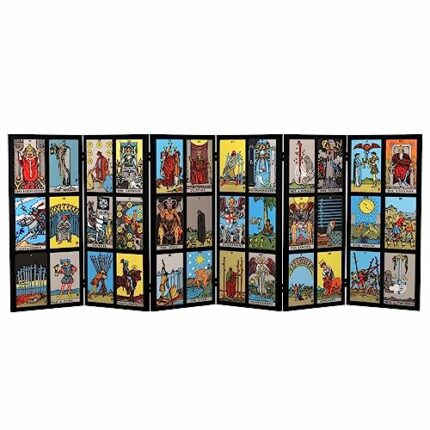Red Lantern 3 ft. Short Double Sided Rider-Waite Tarot Canvas Folding Screen 6 Panel Freestanding Partition and Separator for Modern and Contempo