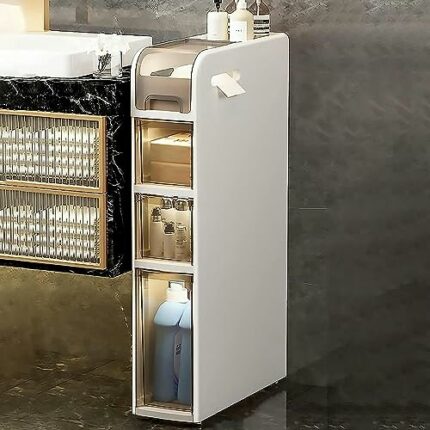Bathroom Floor Cabinet Storage, Slim Toilet Paper Storage Cabinet with Clear Drawers and Casters, Large Capacity Narrow Vertical Dresser Tower fo