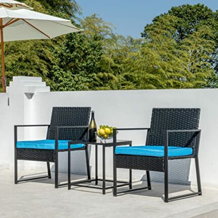 Aug-guan Patio Furniture Set,Wicker Bistro Set 3 Pieces Outdoor Furniture,Rattan Table and Patio Chairs Set for Balcony,Yard,Porch and Deck (Blue