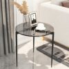 Artloge Round Side Table Tempered Glass: Modern Accent Tables Circle Diameter 50cm Bedside Tables Grey Tinted Tempered Glass Top with Black Metal