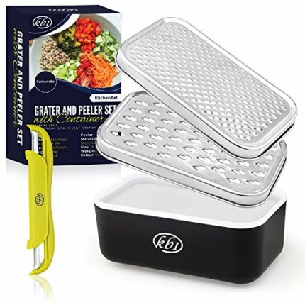 Cheese Grater with Container and Lid & Peeler Set - Vegetable Fruit Multi-Function Stainless Steel Kitchen Utensil Kit with Black Food Plastic St