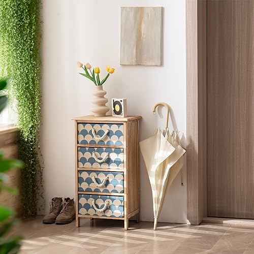 Leesinwing Nightstand with 4 Fabric Drawers,Wood Bedside Table for Storage, Easy Assembly End Table for Living Room/Bedroom/Closet(Light Brown)