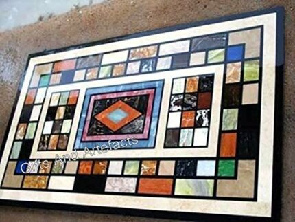 Gifts And Artefacts 30 x 60 Inches Office Meeting Table Top Inlaid with Multicolor Gemstone Rectangle Shape Black Marble Dining Table for Home Fu