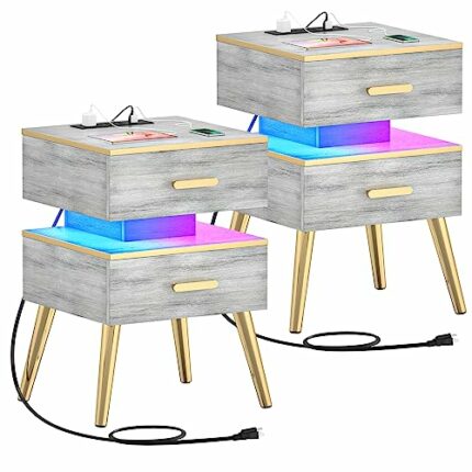 Cyclysio Night Stand Set 2 with Charging Station, Modern Nightstand Set of 2, Bedside Tables with Led Lights, Bed Side Table Night Stand with Dra