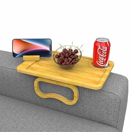 bimiti Sofa Arm Tray Table Bamboo Couch Armrest Tray Foldable Clip on Sofa Tray Table with 360°Rotating Phone Bracket for Living Room, Eating, Dr