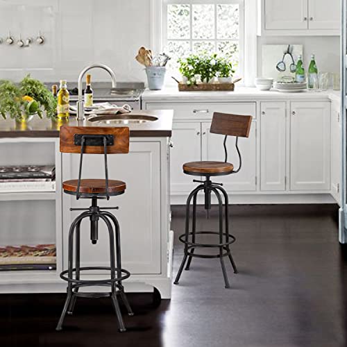 BOKKOLIK Set of 2-Industrial Bar Stools with Backrest-Swivel Wood Seat-Bar Counter Height Adjustable 26-32.2inch-Kitchen Island Dining Chair