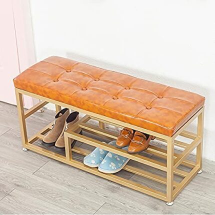 Upholstered Shoe Rack Bench Shoe Storage Bench Seat,Entry Furniture Shoe Organizer With Golden Shoe Shelf,Faux Leather,60X35X45Cm