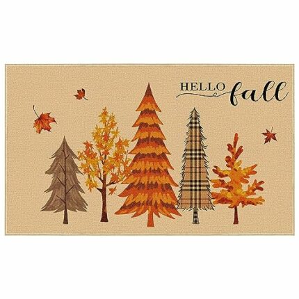 Hello Fall Maple Decorative Door Mat, Non Slip Welcome Fall Maple Leaves Doormat, 29 x 17 Inch Rubber Kitchen Doormat for Fall Halloween Thanksgi