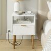AEPOALUA Nightstand with Charging Station,Small Bedside Table with Drawer,White Night Stand,Bedside Furniture,End Table with Gold Frame,Drawer Dr